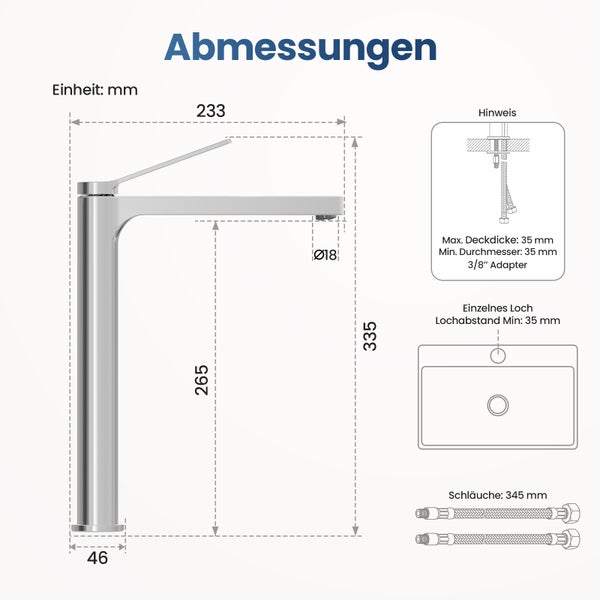 Emke Einhebel-Waschtischarmatur, Badarmaturen, Waschbecken Armatur - Schweizer Design, Minimalistisches Design，3/8 Zoll, Wassersparend, Korrosionsschutz, Warm- & Kaltwasser, Bleifreies Messing, Pflegeleicht -Chrom