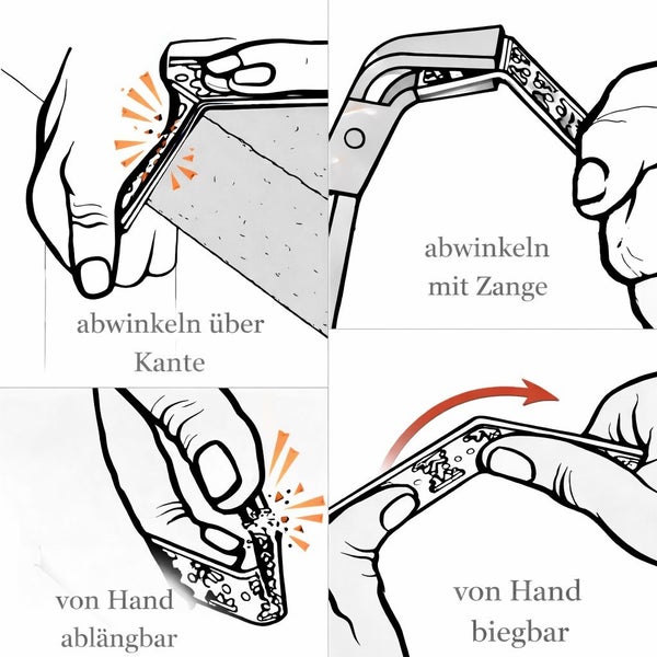 Illustration zur Verarbeitung von Profilen: Abwinkeln über Kante oder mit Zange, von Hand ablängbar und biegbar.