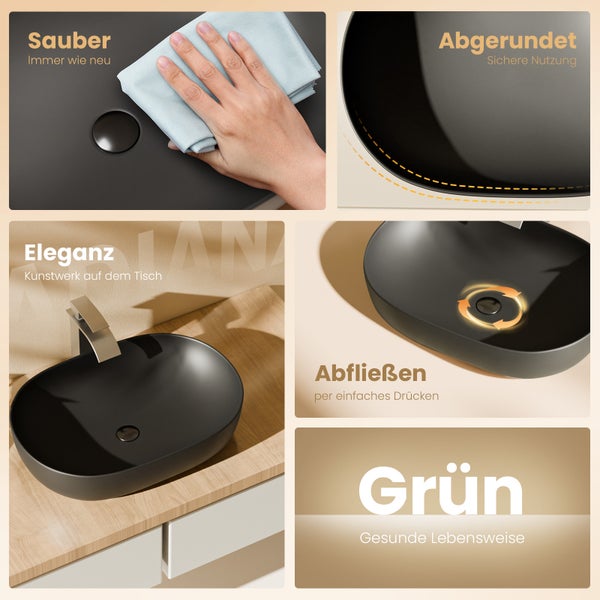 EMKE Aufsatzwaschbecken, Ovales Waschbecken 600 x 415 mm, Mattschwarz, Keramik, Höhe 146 mm, Ohne Hahnloch, Pflegeleicht, Antibakteriell & Feuchtigkeitsbeständig, Für Bad & WC