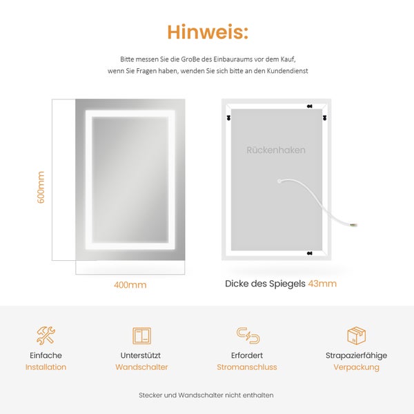 EMKE Badspiegel mit Beleuchtung 60x40 cm, Kaltweiß/Warmweiß, LED-Spiegel mit Kippschalter, Anti-Beschlag, IP44, flexibel montierbar, für Badezimmer