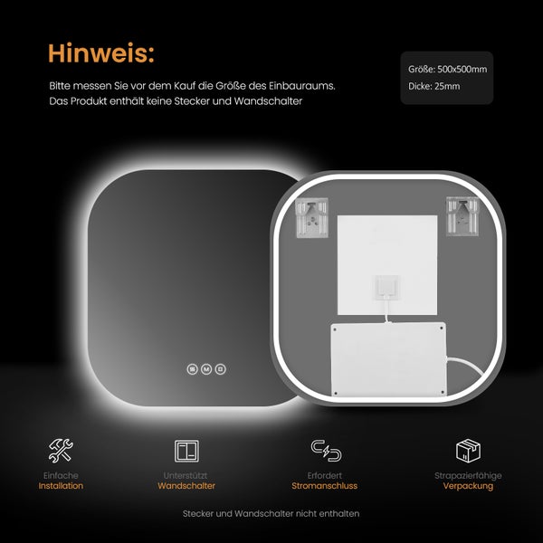 LED Spiegel für das Badezimmer mit den Maßen 500x500x25 Millimeter