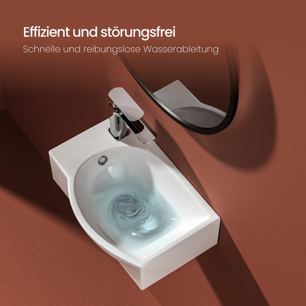 EMKE Handwaschbecken 405 x 280 mm, asymmetrisch, Keramik, mit Hahnloch links, glänzend weiß, kompaktes Hängewaschbecken für Gäste-WC, Höhe 140 mm, zur Wandmontage