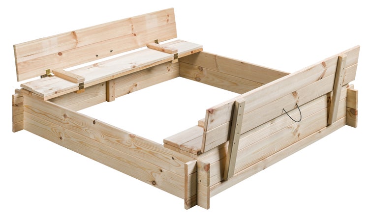 Holzsandkasten mit klappbaren Sitzen