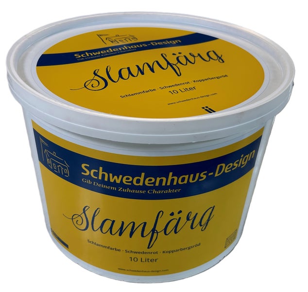 Eimer mit Schwedenhaus Design Slamfärg Schlammfarbe in Schwedenrot mit zehn Litern Inhalt