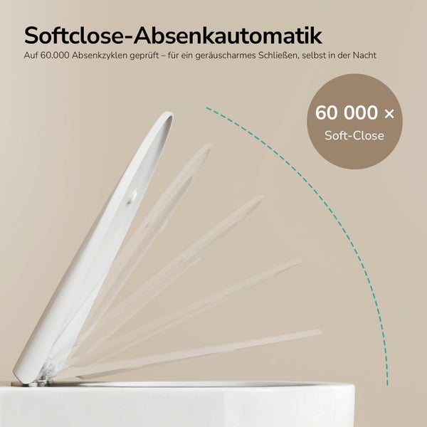 WC-Sitz mit Softclose-Absenkautomatik, auf 60.000 Zyklen geprüft für geräuschloses Schließen.