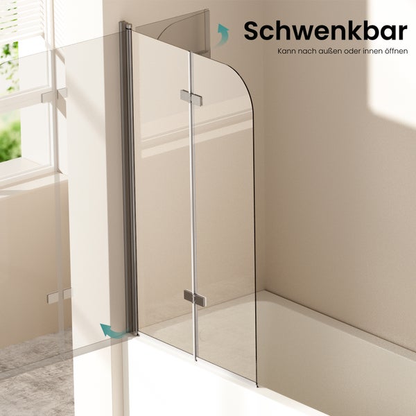 Zweiteilige Badewannenfaltwand aus Glas mit schwenkbarem Mechanismus, der sich nach innen und außen öffnen lässt.