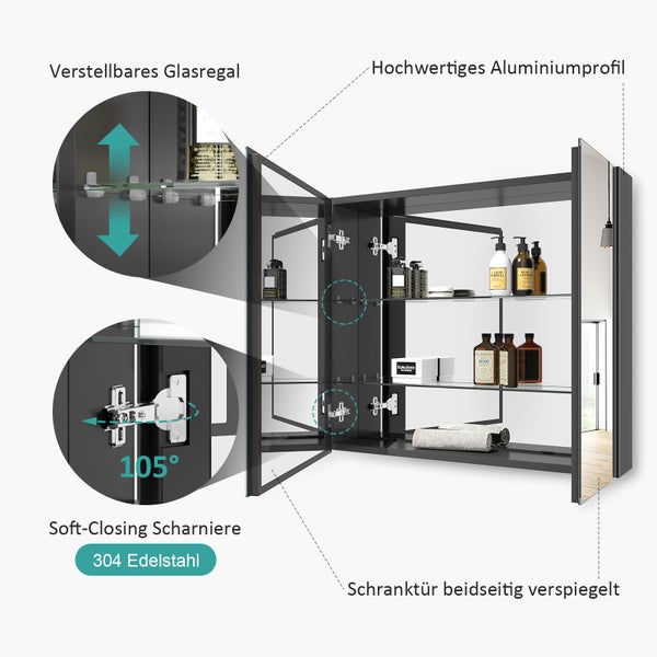 Spiegelschrank für das Bad in Schwarz mit Glasregalen, Aluminiumprofil, Edelstahl Soft-Closing Scharnieren und beidseitig verspiegelten Türen.