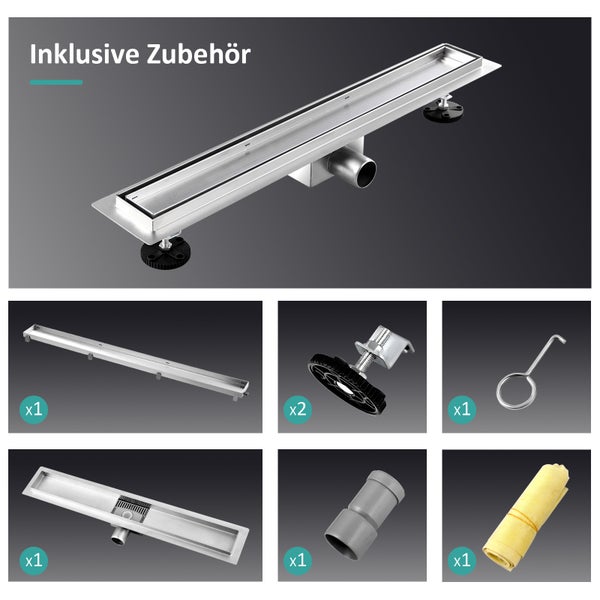 EMKE Duschrinne Edelstahl 50cm Komplettset Befliesbar Bodenablauf Dusche Siphon mit Geruchsstop und Haarsieb Randablauf, Duschablauf Ablaufrinne Dusche Doppelseitige Duschabfluss für Badezimmer
