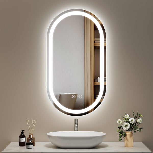 EMKE LED Badspiegel 50x90 cm Oval, Touch-Schalter, 3 Farbtemperaturen einstellbar, dimmbar, Antibeschlag, Stromausfall-Speicher, mattierte Spiegelkante, flexibel montierbar, IP44, rostfreier Spiegel, für Bad