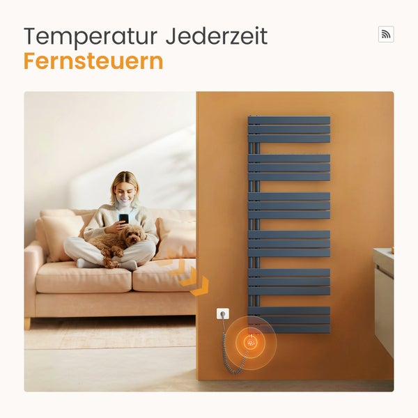 Raumbild mit einem grauen elektrischen Handtuchwärmer an einer Wand, der ferngesteuert werden kann, während eine Frau mit einem Hund auf einem Sofa sitzt
