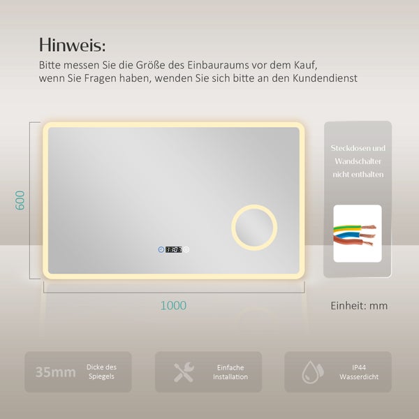 EMKE LED Badspiegel mit Beleuchtung 100 x 60 cm, 3 Lichtfarben mit Touchschalter, LCD-Zeitdisplay, 3x Vergrößerung, IP44, für Bad