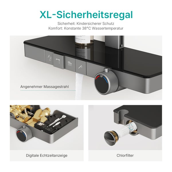 XL Sicherheitsregal mit verschiedenen Funktionen wie Massagestrahl, digitaler Echtzeitanzeige und Chlorfilter