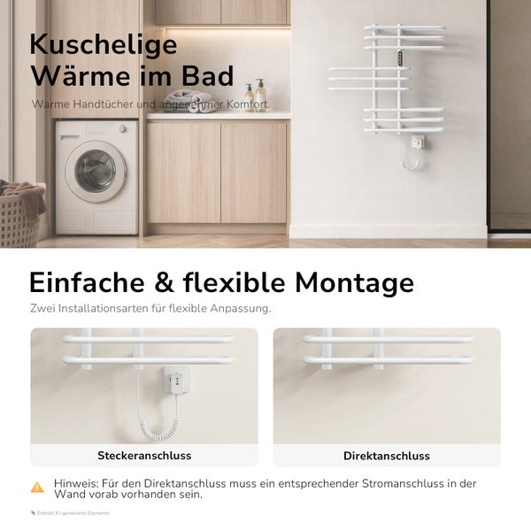 Elektrischer Handtuchheizkörper in einem modernen Badezimmer mit Waschmaschine und flexiblen Montageoptionen für Stecker oder Direktanschluss.