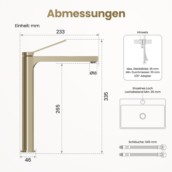 Emke Einhebel-Waschtischarmatur, Badarmaturen, Waschbecken Armatur - Schweizer Design, Minimalistisches Design，3/8 Zoll, Wassersparend, Korrosionsschutz, Warm- & Kaltwasser, Bleifreies Messing, Pflegeleicht -Champagnergold