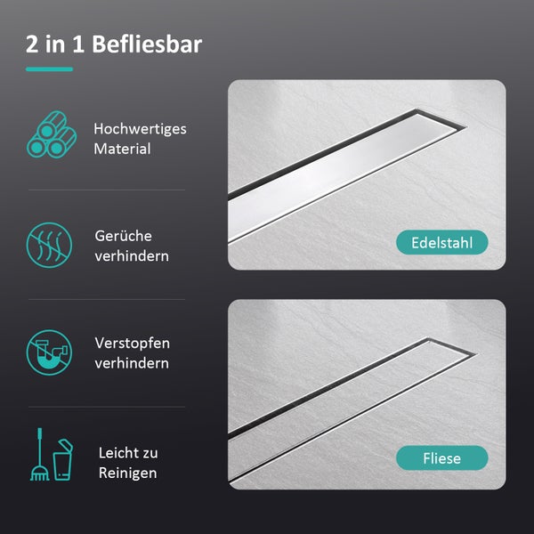 EMKE Duschrinne Edelstahl 50cm Komplettset Befliesbar Bodenablauf Dusche Siphon mit Geruchsstop und Haarsieb Randablauf, Duschablauf Ablaufrinne Dusche Doppelseitige Duschabfluss für Badezimmer