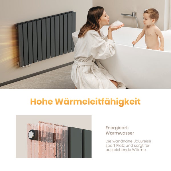 Modernes Badezimmer mit grauem Heizkörper und Mutter mit Kind in der Badewanne.