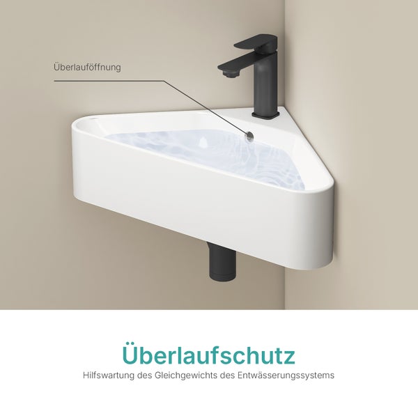 Eckwaschbecken mit Überlauf und Armatur