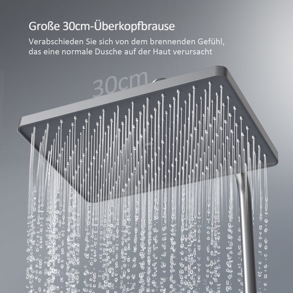 EMKE Duschsystem mit Thermostat, Regendusche & Handbrause mit 3 Strahlarten, Glasablage, Verbrühungsschutz, KTW-zertifiziert, Wandmontage, Anthrazit Matt