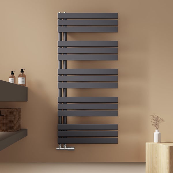 EMKE Badheizkörper Flach 1320x600 mm Anthrazit, Handtuchwärmer für Badezimmer Handtuchtrockner, Panel Handtuchhalter Seitenanschluss für Wasser 798W