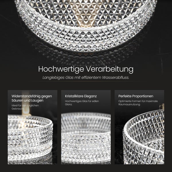 EMKE Aufsatzwaschbecken Ø 36 cm, Crystal Glass, Rundes Waschbecken, Transparent, Höhe 112 mm, Elektroplattiertes Design, Ohne Hahnloch, Modernes Badezimmer Waschtisch