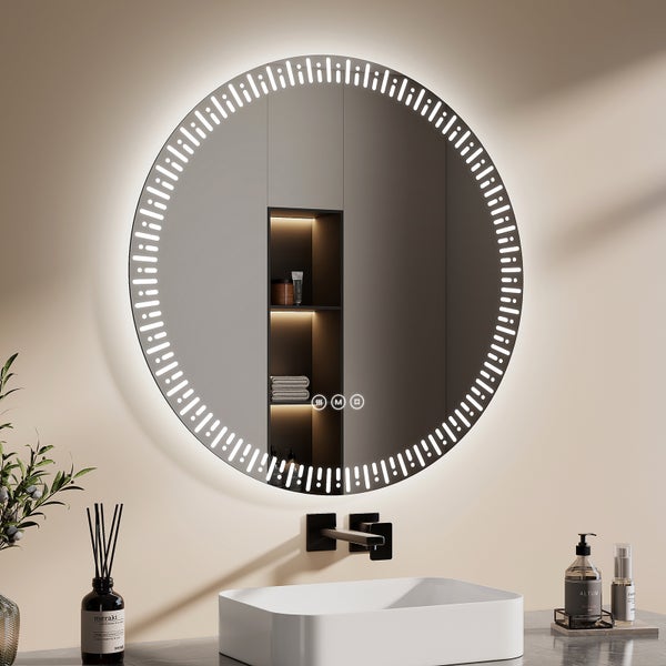 EMKE LED Badspiegel Ø80 cm, rundumlaufende LED-Hintergrundbeleuchtung, Touchschalter, 3 Farbtemperaturen, dimmbar, Antibeschlag, IP44, für Badezimmer