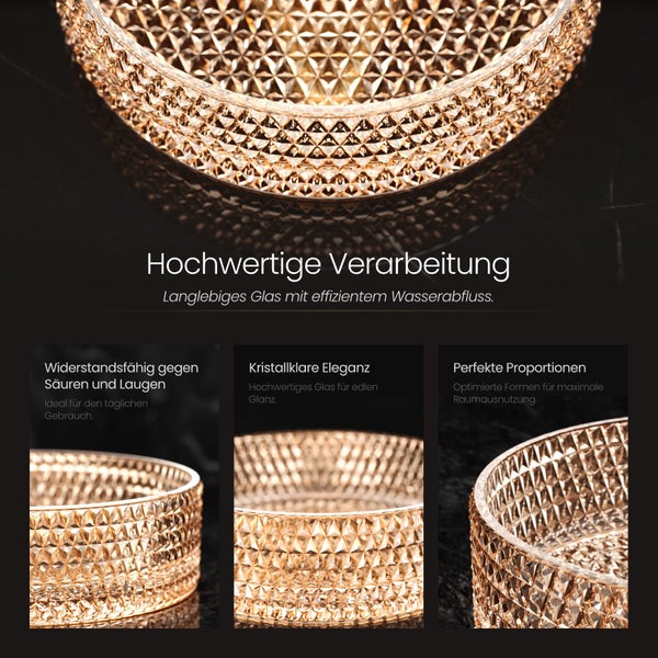 EMKE Waschbecken Ø36 cm, Kristallglas Roségold, elektroplattiertes Design, Höhe 112 mm, ohne Hahnloch, für Badezimmer