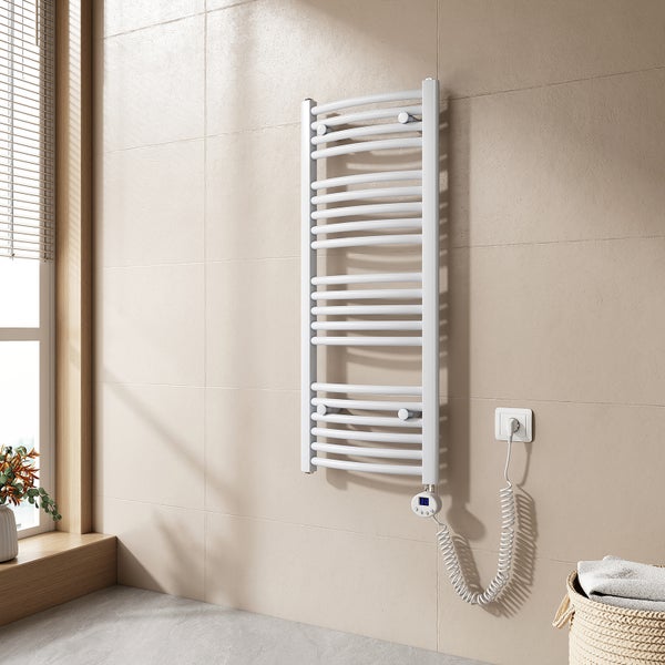 EMKE Elektrischer Badheizkörper mit Thermostat, Gebogener Handtuchwärmer mit Heizstab, Weiß, 1000 x 400 mm, 300 W