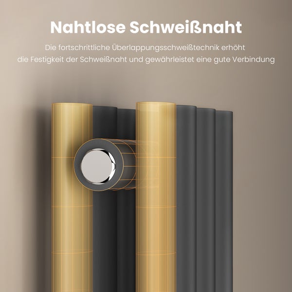 EMKE Badheizkörper 600×240 mm, Designheizkörper, Vertikal, Doppelrohr oval, 248 W, Matt Schwarz, für Warmwasserbetrieb, für Bad, Zentralanschluss