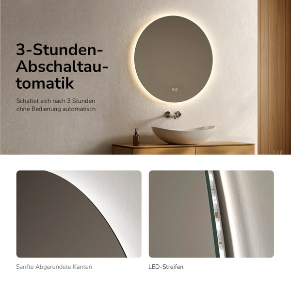 Runder LED Badspiegel mit 3 Stunden Abschaltautomatik abgerundeten Kanten und integriertem LED Streifen in einer modernen Badezimmerumgebung
