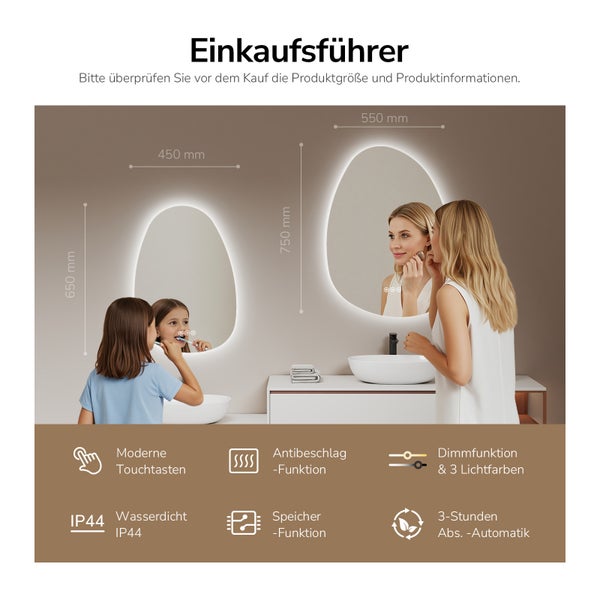 Ovaler LED-Badspiegel mit drei einstellbaren Farbtemperaturen von 2700 bis 6500 Kelvin, steuerbar über einen Touch-Sensor auf der Spiegelfläche.