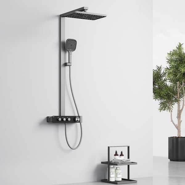 Duschsäule mit Kopf- und Handbrause sowie Ablage mit Pflegeprodukten und Topfpflanze