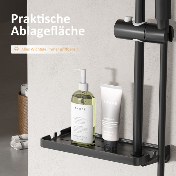 EMKE Duschsäule mit Handbrause, Seifenschale und 1,5 m Brauseschlauch, Duschset in Schwarz, verchromt, Ø19 mm Duschstange aus Edelstahl, KTW