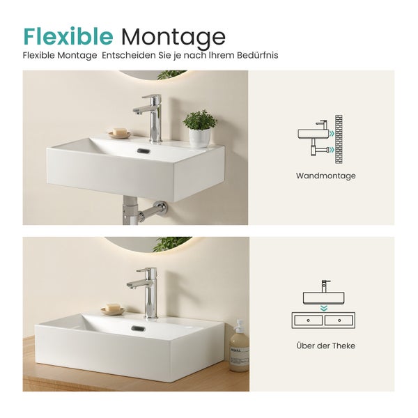 Produktbild mit der Möglichkeit zur flexiblen Montage eines Waschbeckens, entweder an der Wand oder über der Theke.