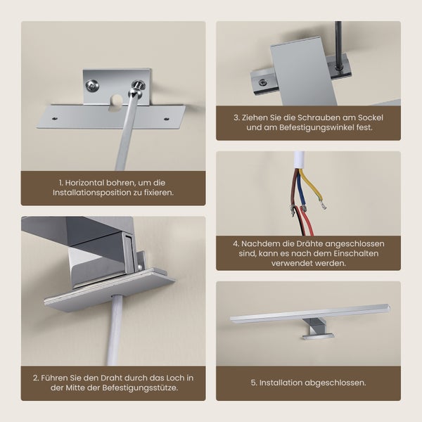 Anleitung zur Installation einer silberfarbenen Lampe an der Wand in fünf Schritten