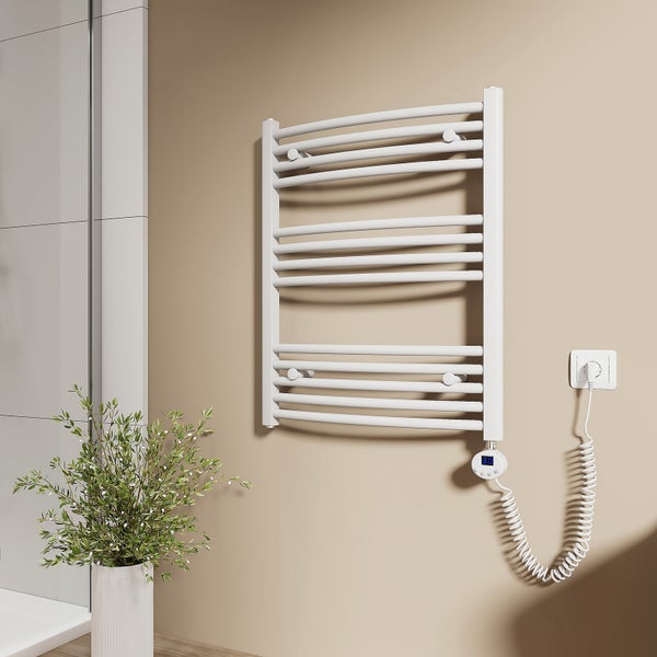 EMKE Elektrischer Badheizkörper 75x60 cm, Gebogener Handtuchwärmer mit Heizstab & Thermostat, 300W, Weiß, für Badezimmer geeignet