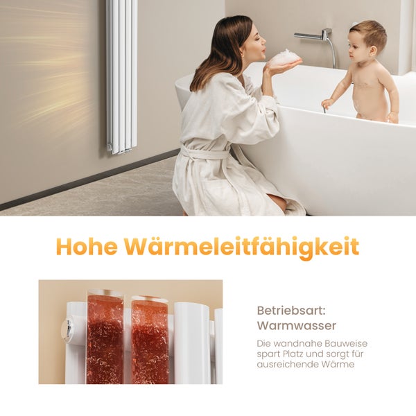 Badezimmer mit Heizkörper, Badewanne und Frau mit Kind