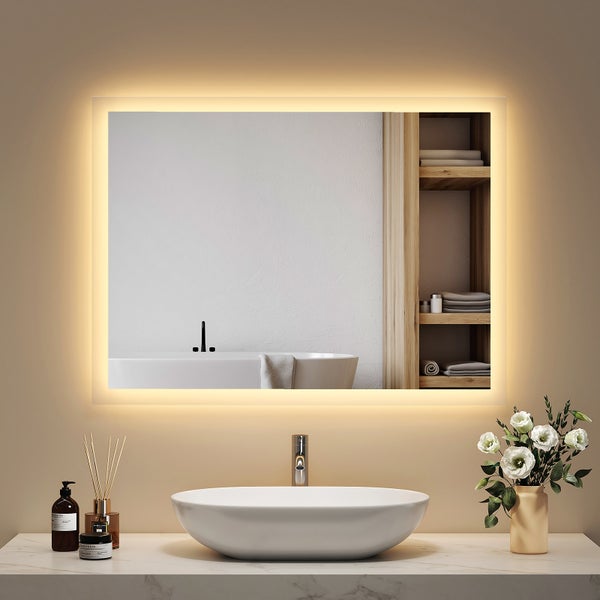 EMKE Badspiegel mit Beleuchtung 80x60 cm, Warmweiß, 24W, rostfreier Spiegel, Aluminiumrahmen Weiß, flexibel montierbar, IP44, für Bad