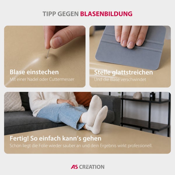 Anleitung zum Entfernen von Luftblasen unter Klebefolien: Blase mit Nadel einstechen, Stelle mit einem Rakel glattstreichen. AS Creation Logo.