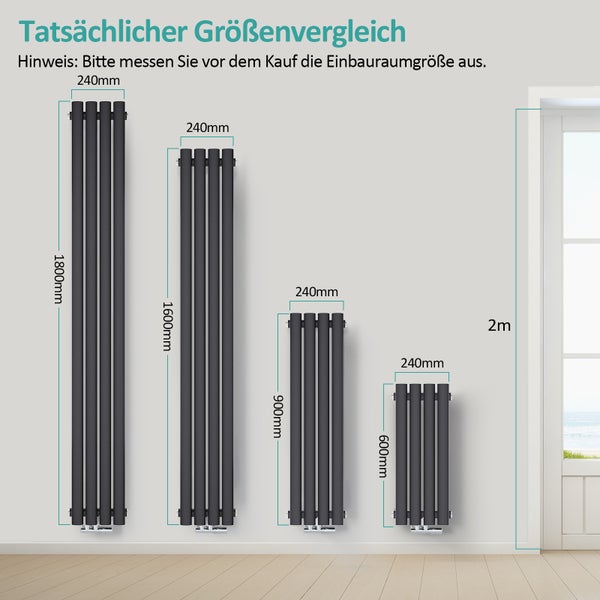 EMKE Design-Röhrenheizkörper für Warmwasserbetrieb, Mittelanschluss, Vertikal, Oval, Doppellagig, 623 Watt, 24 cm x 160 cm, Anthrazit