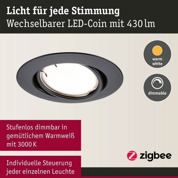 LED Einbauleuchte Smart Home Zigbee 3.0 Base Coin Basisset schwenkbar rund 90mm 20° Coin 3x4,9W 3x430lm 230V dimmbar 3000K Schwarz matt