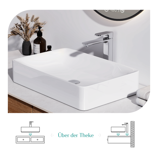 MKE Aufsatzwaschbecken Keramik 595 × 395 mm, Rechteckig, glänzend Weiß, ohne Hahnloch, leicht zu reinigen, Höhe 120 mm, Waschtisch-Waschbecken für Badezimmer