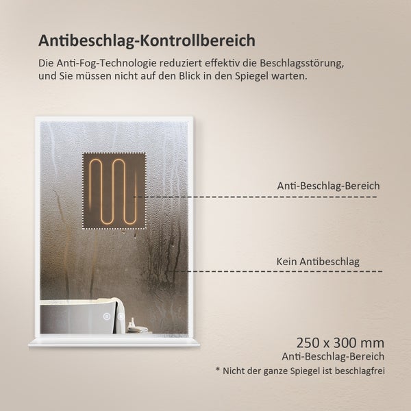 EMKE LED Badspiegel mit Ablage 70x50 cm, Kaltweiß, dimmbar, Touch-Schalter, Anti-Beschlag, mattierte Kanten, IP44, für Badezimmer geeignet