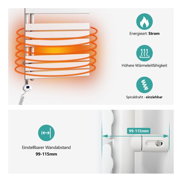 EMKE Elektrischer Handtuchheizkörper 104x50 cm, Design-Paneelheizkörper mit Thermostat & Timer, 600 W, vertikaler Flachheizkörper, Weiß, seitlich offen, für Badezimmer