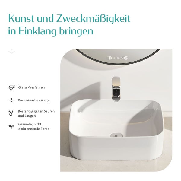 EMKE Aufsatzwaschbecken 705 × 380 mm, Rechteckiges Keramik Waschbecken, glänzend Weiß, ohne Hahnloch, R-Ecken-Design, Waschtisch für Badezimmer und Gäste-WC, modernes Design,  Höhe 150 mm