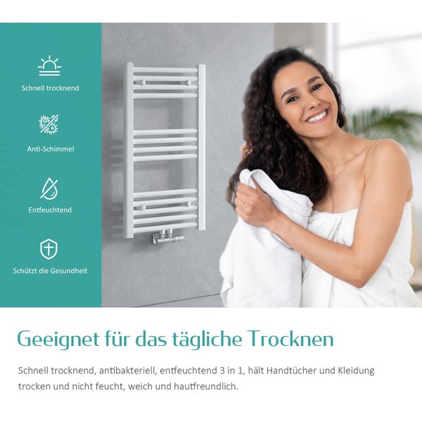 EMKE Badheizkörper 120x40 cm, Stilvoller, weiß, Handtuchheizkörper mit Mittelanschluss, 458 Watt Leistung, inklusive Handtuchhalter & Trockner für Ihr Badezimmer