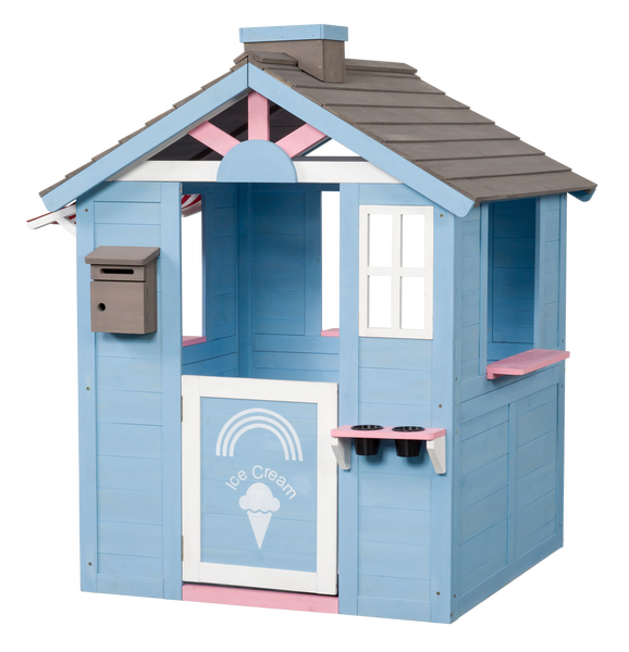 Spielhaus aus Holz mit Eis-Motiv, Fenster, Tür und Briefkasten