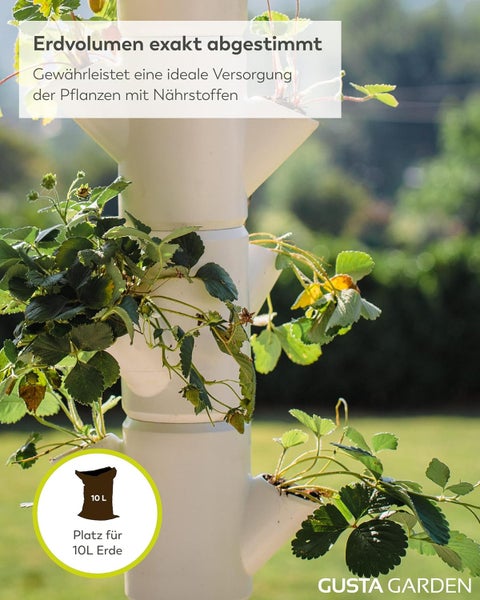 Vertikaler Pflanzturm für Erdbeeren mit Platz für 10 Liter Erde für optimale Nährstoffversorgung sowie Gusta Garden Logo.