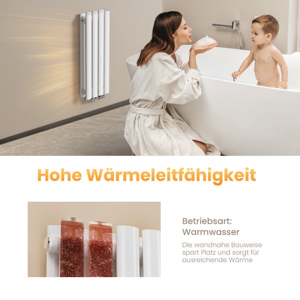 Heizkörper im Badezimmer mit Frau und Kind in der Badewanne