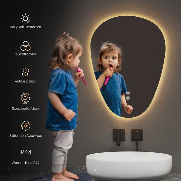 EMKE LED Badspiegel 70x50 cm, asymmetrisches Design, 3 dimmbare Lichtfarben & Helligkeit einstellbar, beschlagfrei, Memory-Funktion, horizontal & vertikal montierbar, IP44, für Bad