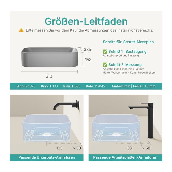 EMKE Aufsatzwaschbecken 605x380 mm, Dunkelgrau Matt, Eckig, Keramik Waschtisch, Handwaschbecken für Bad & Gäste-WC, Höhe 150 mm